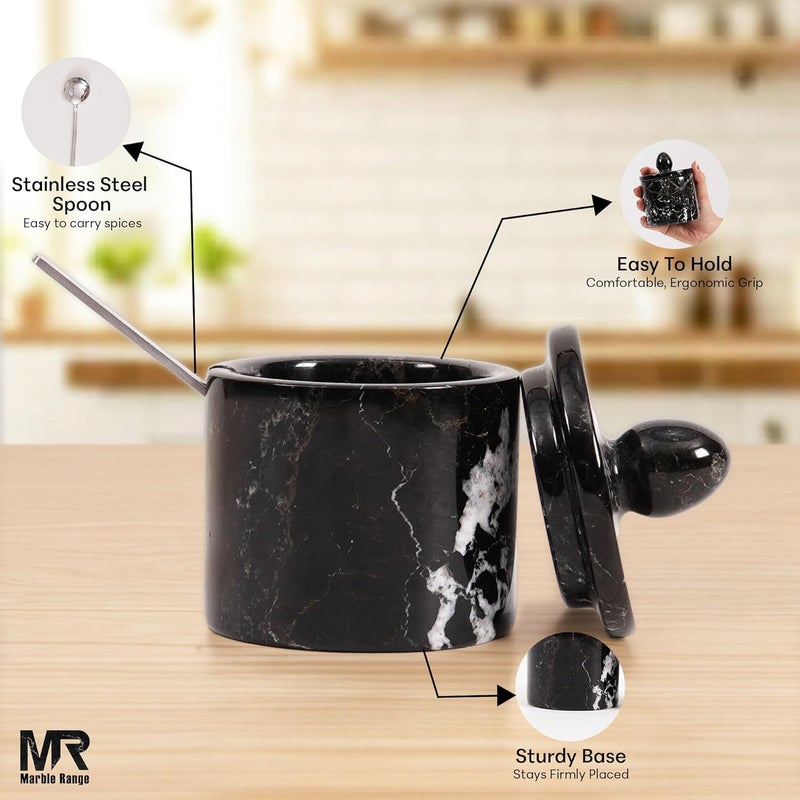 MARBLE RANGE Marble Salt Cellar with Lid and tray 4 Inch Black Handmade Salt Container, Set of 2 Seasoning Jars, Spice Storage Containers for Kitchen Countertop, Sugar Bowl - Image 4
